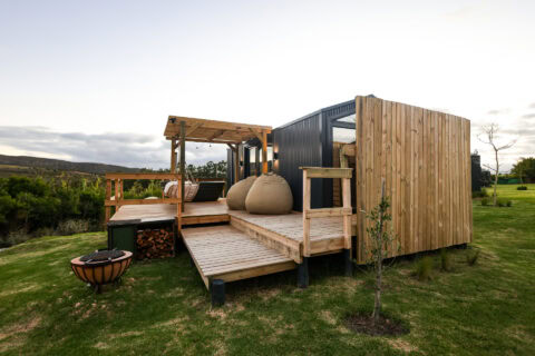 Intak: timber deck with a pergola, bean bags and a fire bowl on the lawn, Old Mac Daddy, Elgin Valley