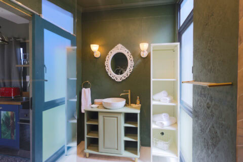 Kaapse Nooi: green bathroom with a vessel basin and ornate white mirror, Old Mac Daddy, Elgin Valley