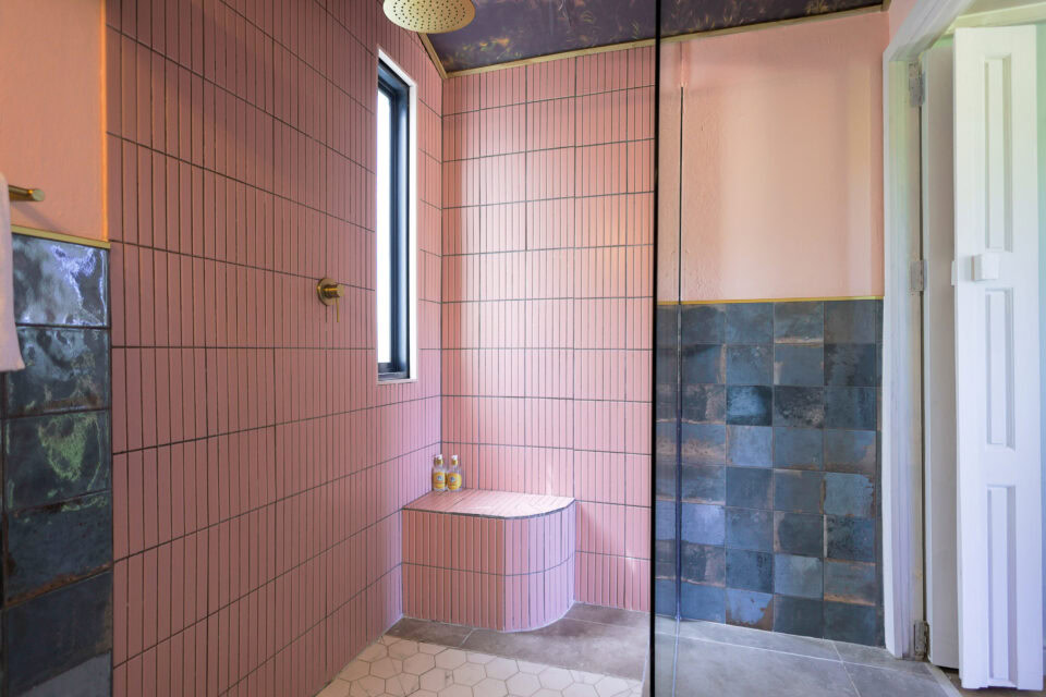 Palimpses: pink-tiled shower with a built-in seat, Old Mac Daddy, Elgin Valley