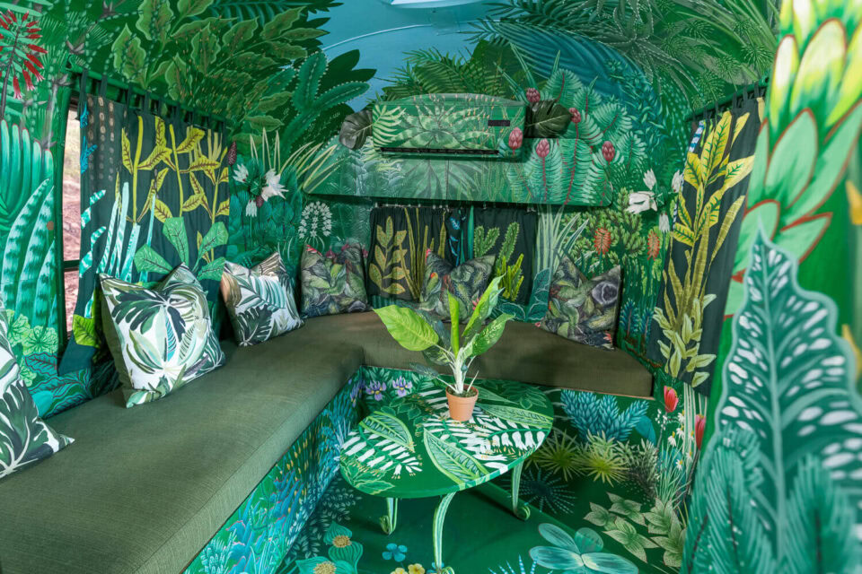 The Dream: banquette with leaf-print cushions in a lounge painted with a jungle mural, Old Mac Daddy, Elgin Valley