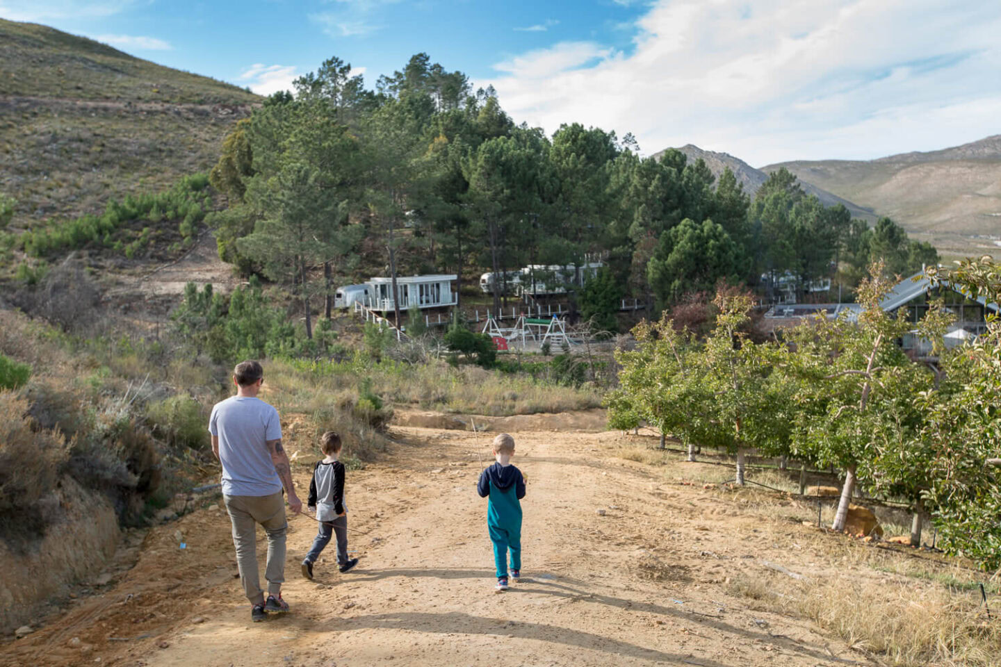 A man and two boys walking up a dirt road between apple trees towards the Airstreams on the hillside, Old Mac Daddy, Elgin Valley