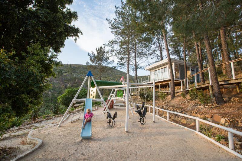 Children's playground with a slide and swings among pine trees, Old Mac Daddy, Elgin Valley