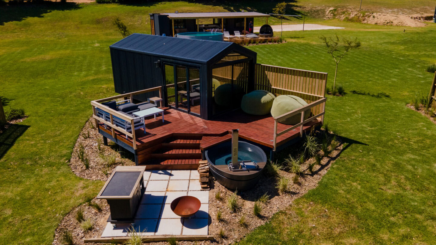 Klein Paradys: aerial view of a unit with a deck, bean bags, a wood-fired hot tub and a fire pit, Old Mac Daddy, Elgin Valley