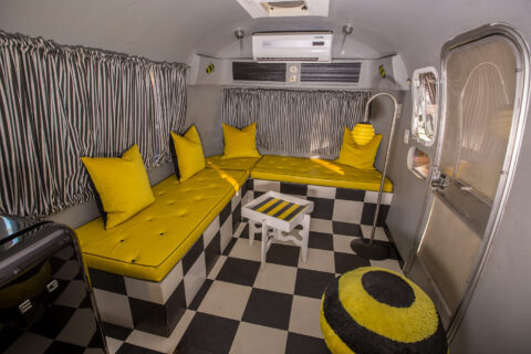 Give Bees a Chance: yellow banquette, striped curtains and a chequered floor, Old Mac Daddy, Elgin Valley