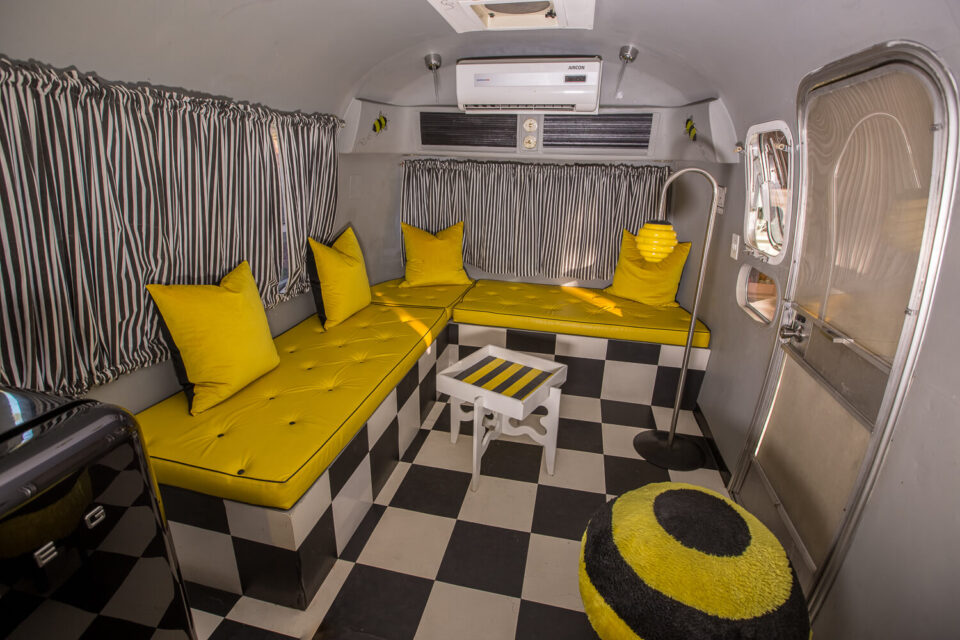 Give Bees a Chance: yellow banquette, striped curtains and a chequered floor, Old Mac Daddy, Elgin Valley