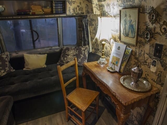 Life Before Colour: sofa and antique writing desk against toile wallpaper, Old Mac Daddy, Elgin Valley