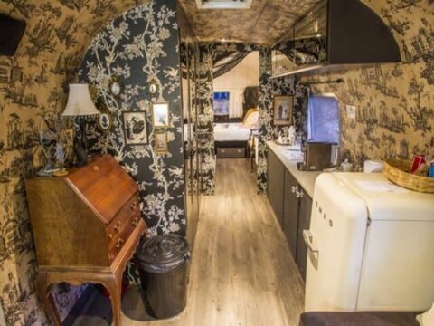 Life Before Colour: antique bureau, cream fridge and toile wallpaper down the Airstream, Old Mac Daddy, Elgin Valley