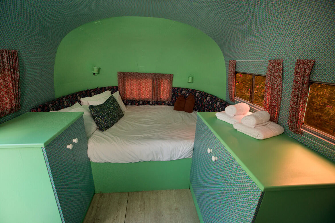 Love Cake: Airstream bed between mint-green cabinets, Old Mac Daddy, Elgin Valley