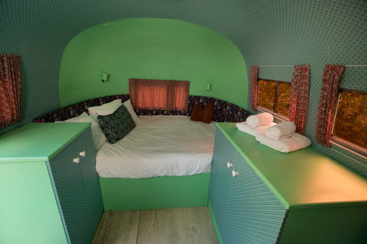 Love Cake: Airstream bed between mint-green cabinets, Old Mac Daddy, Elgin Valley