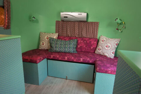 Love Cake: pink banquette with floral cushions against mint-green walls, Old Mac Daddy, Elgin Valley