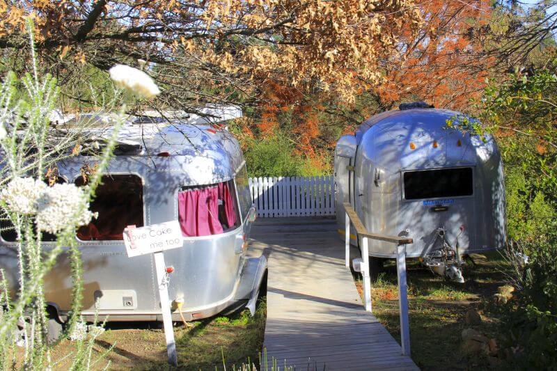 Love Cake: two Airstreams either side of a boardwalk, autumn trees, Old Mac Daddy, Elgin Valley