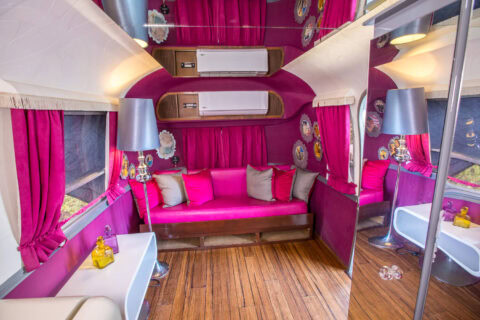 Mills & Boon: hot-pink banquette, silver lamps and decorative plates, Old Mac Daddy, Elgin Valley
