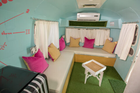 Dig'It: mint lounge with pink and mustard cushions on an artificial-grass floor, Old Mac Daddy, Elgin Valley