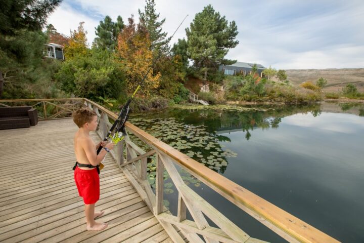 A boy fishing from a wooden deck over a lily pond, Old Mac Daddy, Elgin Valley