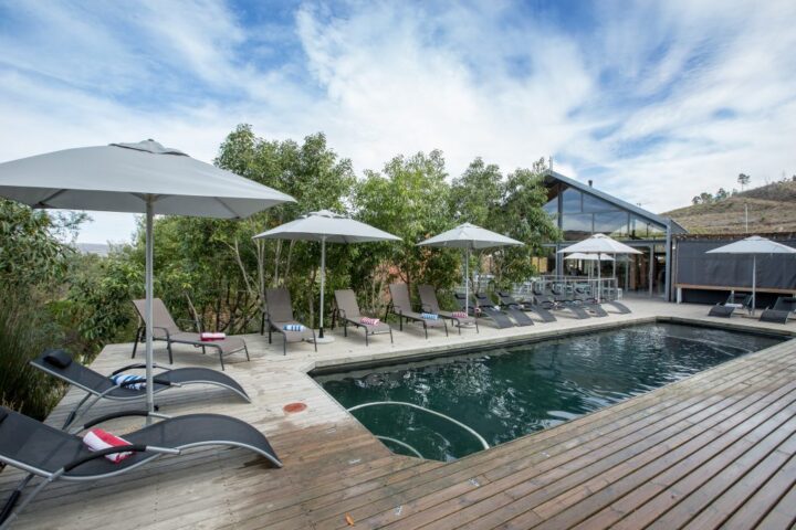 Pool deck with loungers and umbrellas beside a modern building, Old Mac Daddy, Elgin Valley