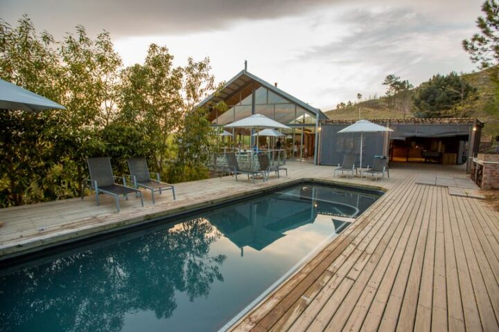Pool deck with loungers, with the Barn and its umbrellas behind, Old Mac Daddy, Elgin Valley