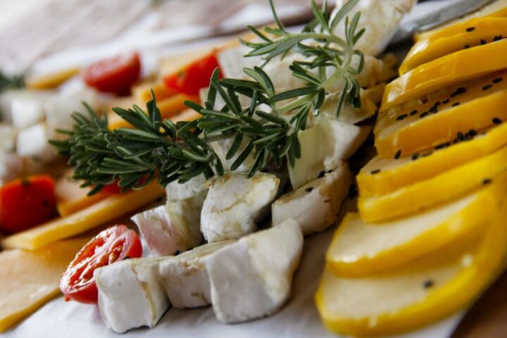 Platter of cheese, tomatoes and melon garnished with rosemary, Old Mac Daddy, Elgin Valley