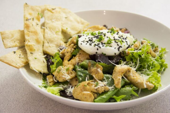 Chicken salad topped with a poached egg, served with flatbread, Old Mac Daddy, Elgin Valley