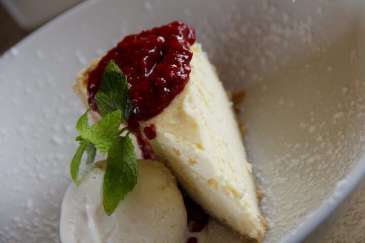 Cheesecake with berry sauce, mint and ice cream, Old Mac Daddy, Elgin Valley