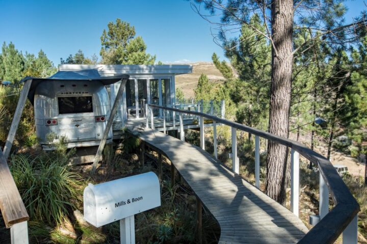 Virtual Tours Boardwalk through the pines to the Mills & Boon Airstream and its deck, Old Mac Daddy, Elgin Valley