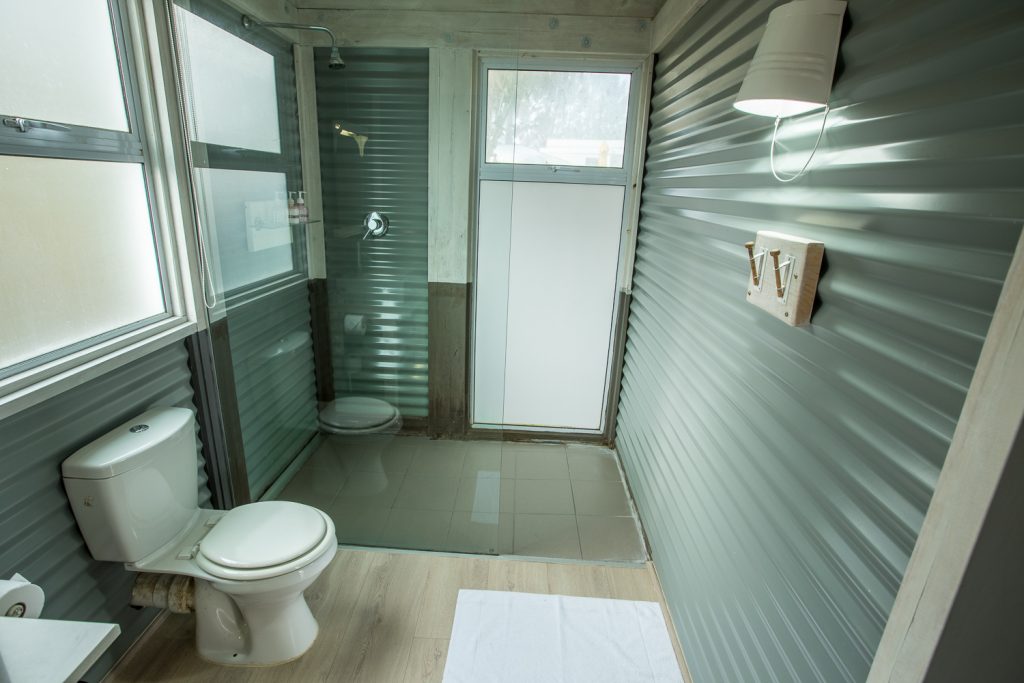 Bathroom with corrugated-iron walls, a toilet and a walk-in shower, Old Mac Daddy, Elgin Valley