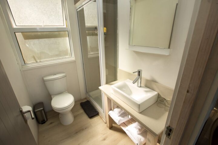 Villa bathroom with a shower, a toilet and a basin on a timber stand, Old Mac Daddy, Elgin Valley