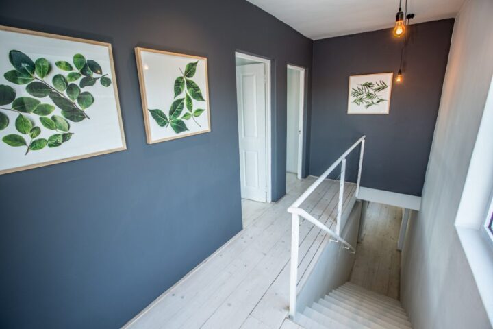 Villa landing with a stairwell and framed leaf prints on a dark wall, Old Mac Daddy, Elgin Valley