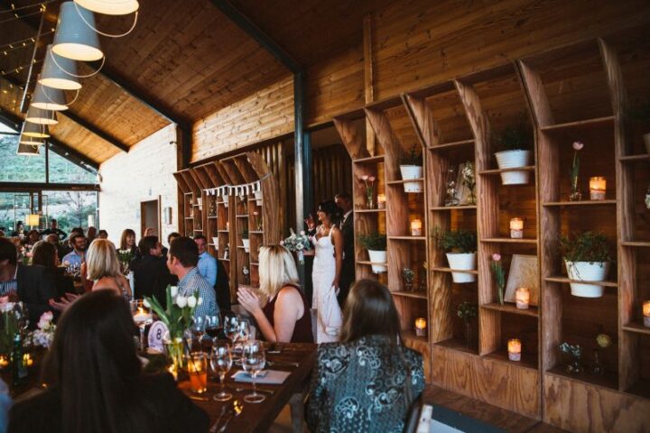 A bride among guests at the reception in the Barn, Old Mac Daddy, Elgin Valley