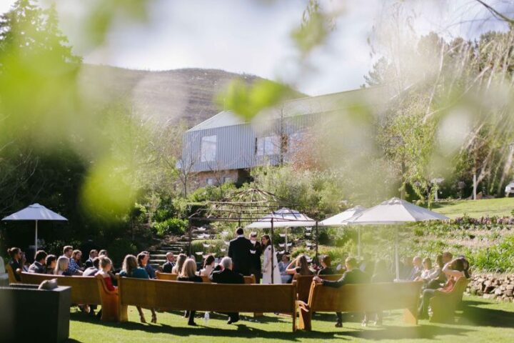 Guests seated on the lawn for an outdoor wedding ceremony under umbrellas, Old Mac Daddy, Elgin Valley